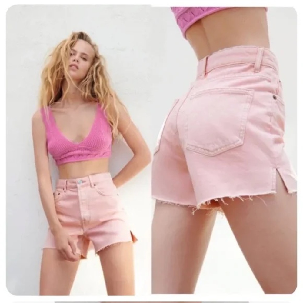 Zara Pink High Rise Straight Fit Split Hem Cutoff Denim Shorts SZ-6
